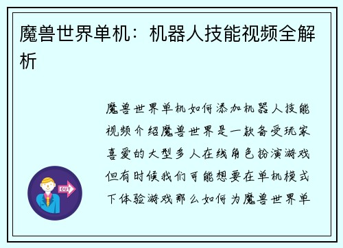 魔兽世界单机：机器人技能视频全解析